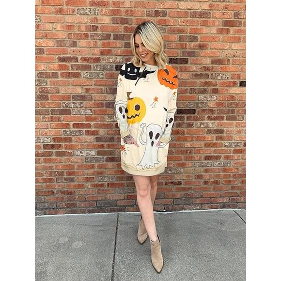 Halloween Sweatshirt Pumpkin Cat Long Graphic Printed Pullover Womens Size XL - Picture 1 of 6